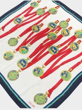 Celine 🪢 White Silk Scarf with Red Ribbon and Gold Medal with COA